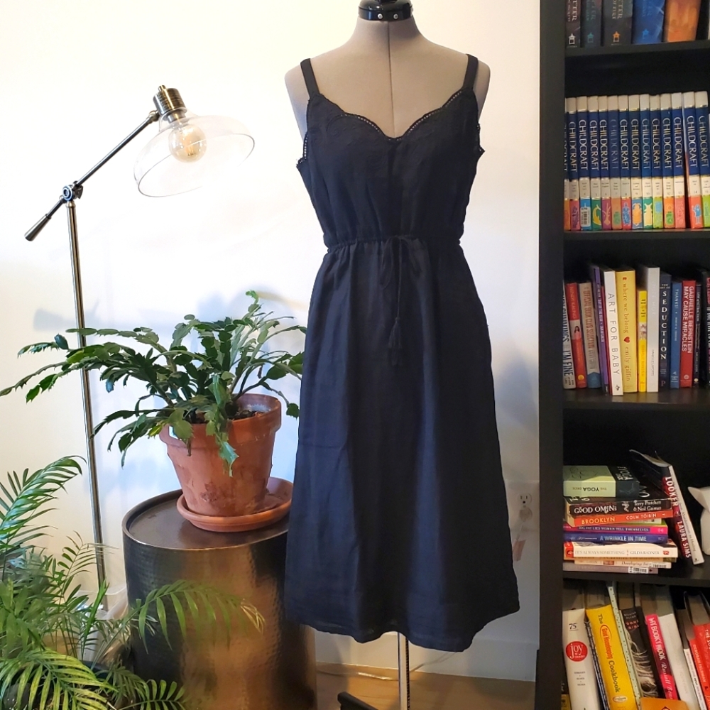 J.Crew Linen Drawstring Dress Embroidered Black 4